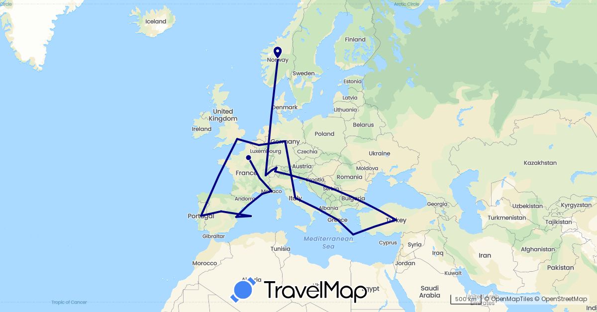 TravelMap itinerary: driving in Belgium, Switzerland, Germany, Spain, France, United Kingdom, Greece, Italy, Monaco, Norway, Portugal, Turkey (Asia, Europe)